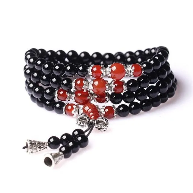 108 Onyx with Tiger's eye Bracelet Black Onyx Stone Tibetan Silver Buddha Bracelet for Women Men Jewelry Hand Made Accessories