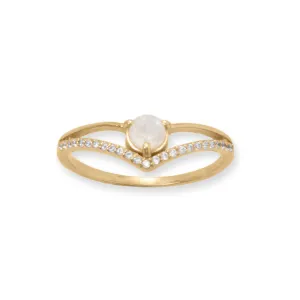 14 Karat Gold Plated CZ and Rainbow Moonstone "V" Ring