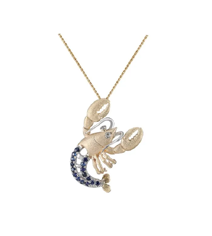 14k 2/tone Lobster Pendant with 2 Diamonds and 16 Blue Sapphires