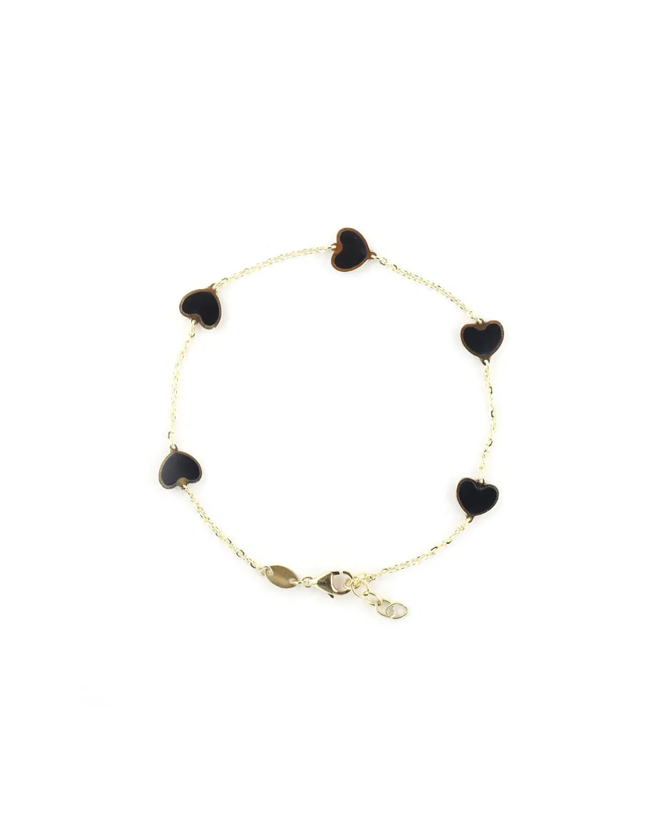 14K Gold Black Onyx Inlay Heart Station Bracelet