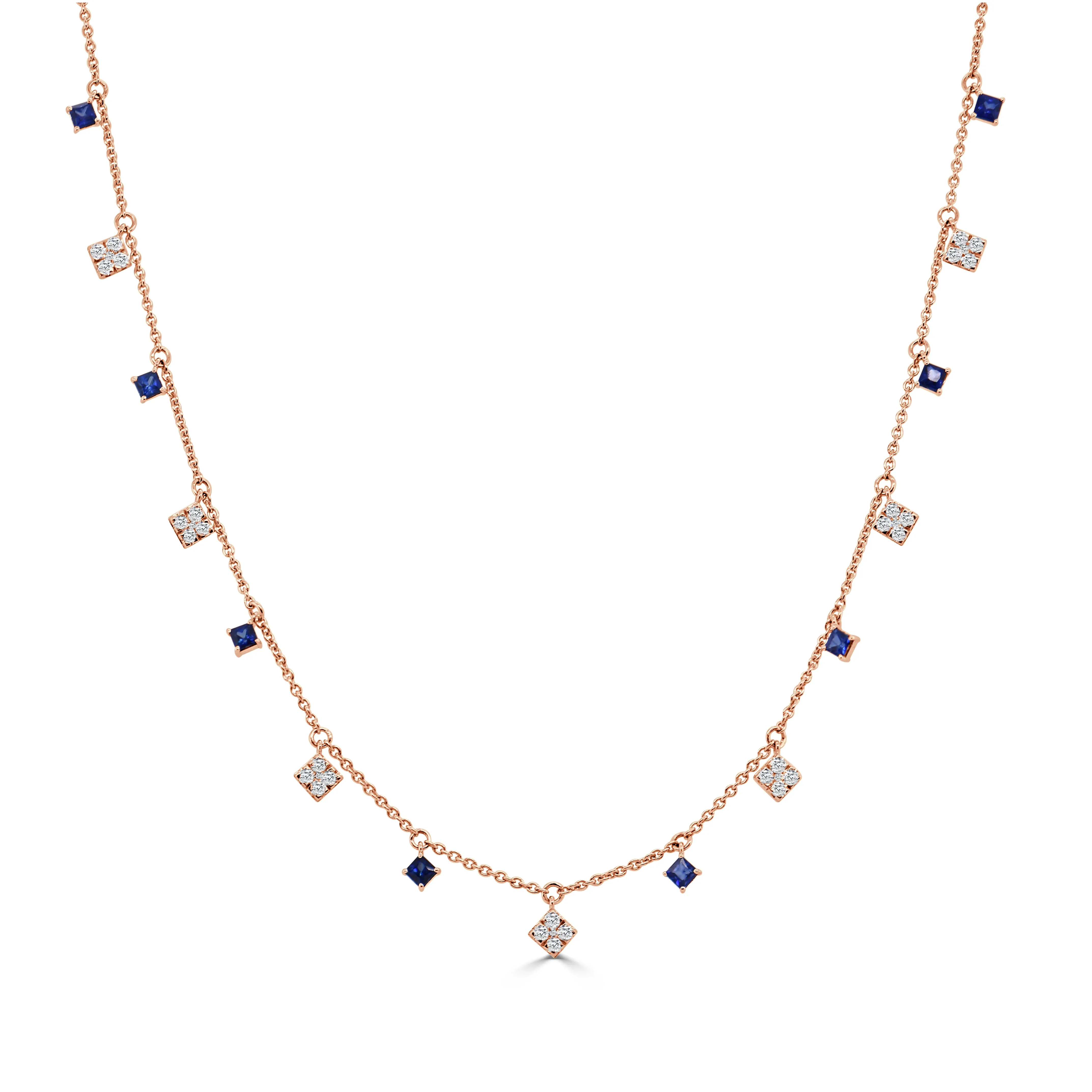 14K Gold Diamond & Princess Cut Sapphire Necklace