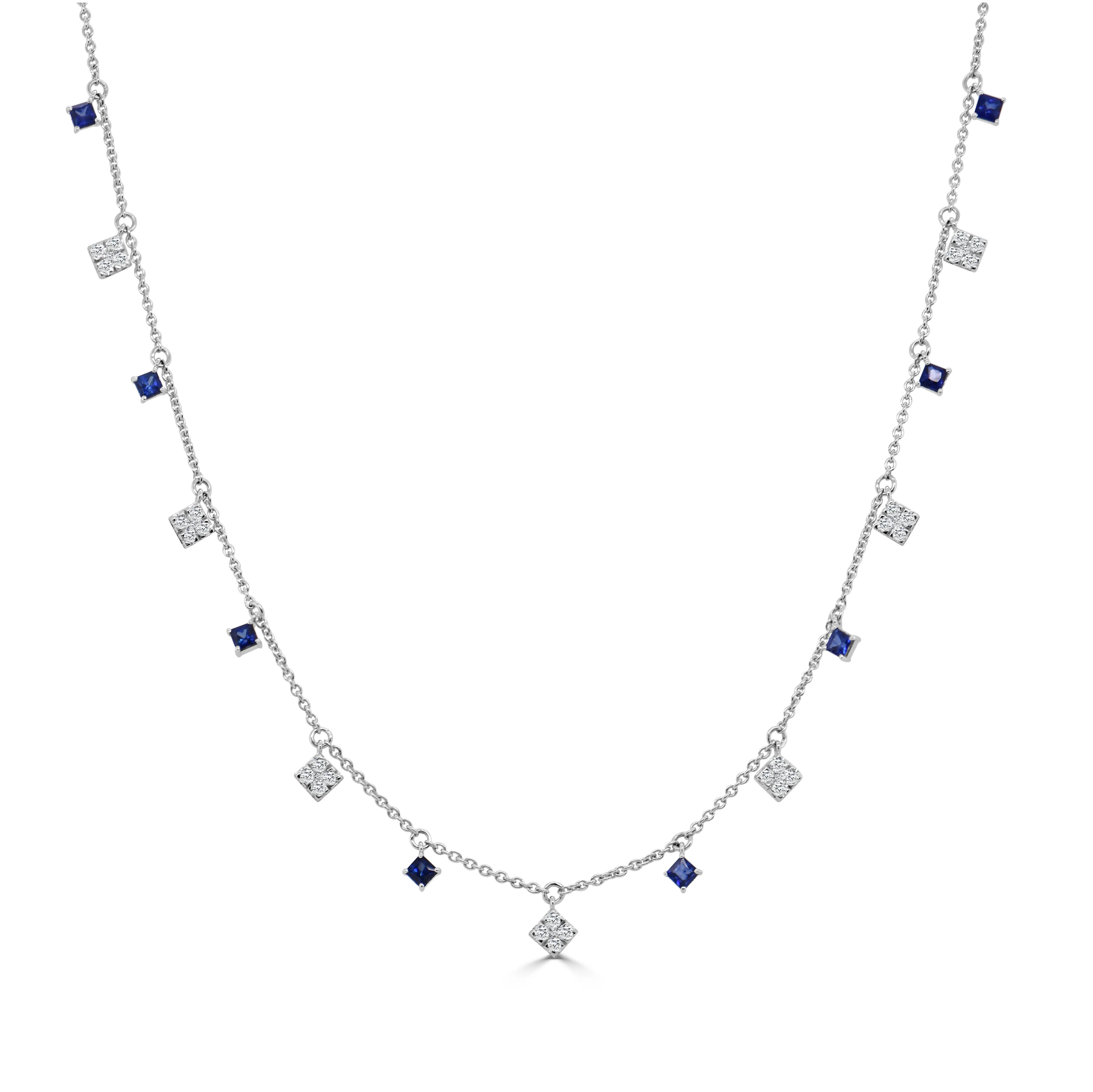 14K Gold Diamond & Princess Cut Sapphire Necklace