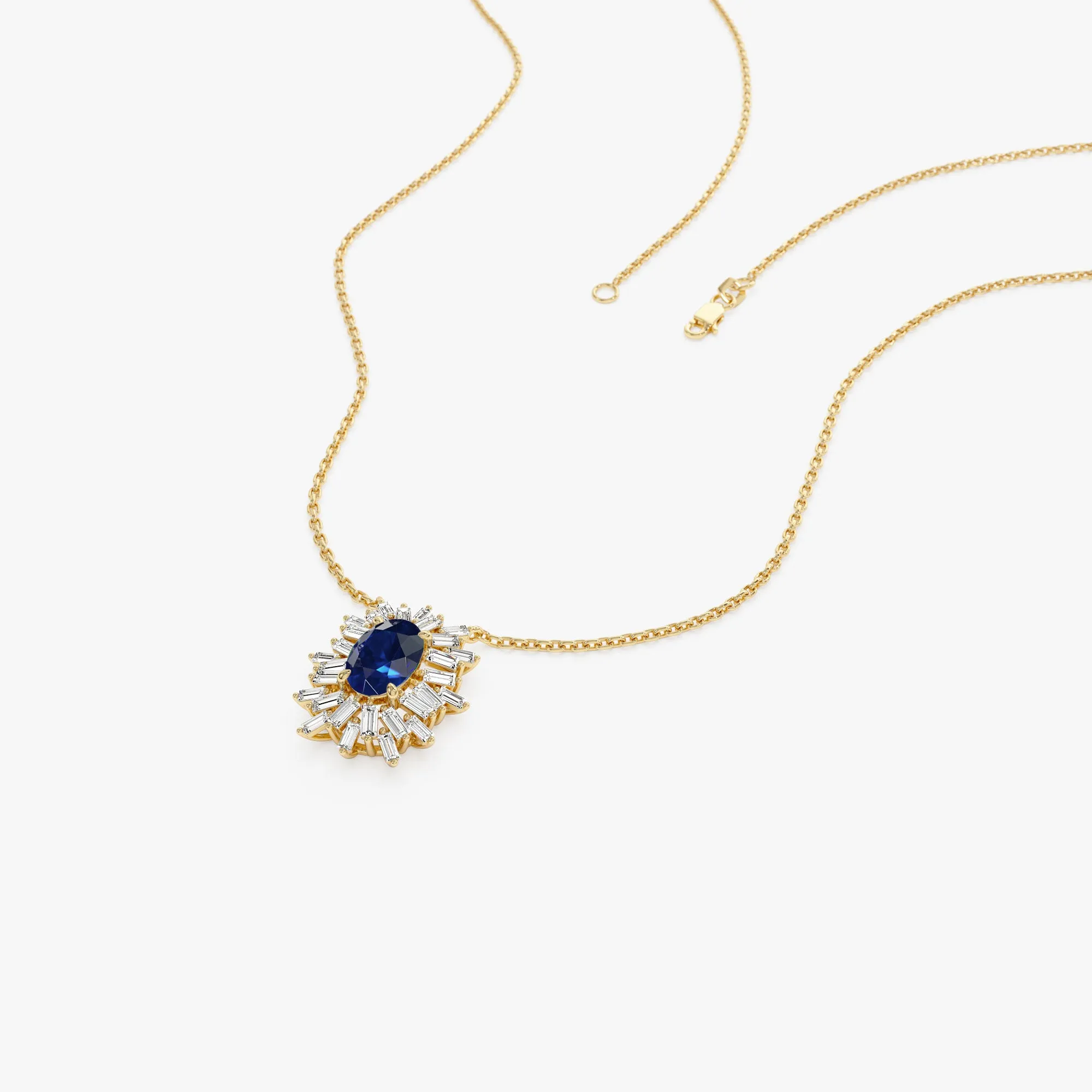 14k Oval Shape Sapphire Necklace with Ballerina Baguettes