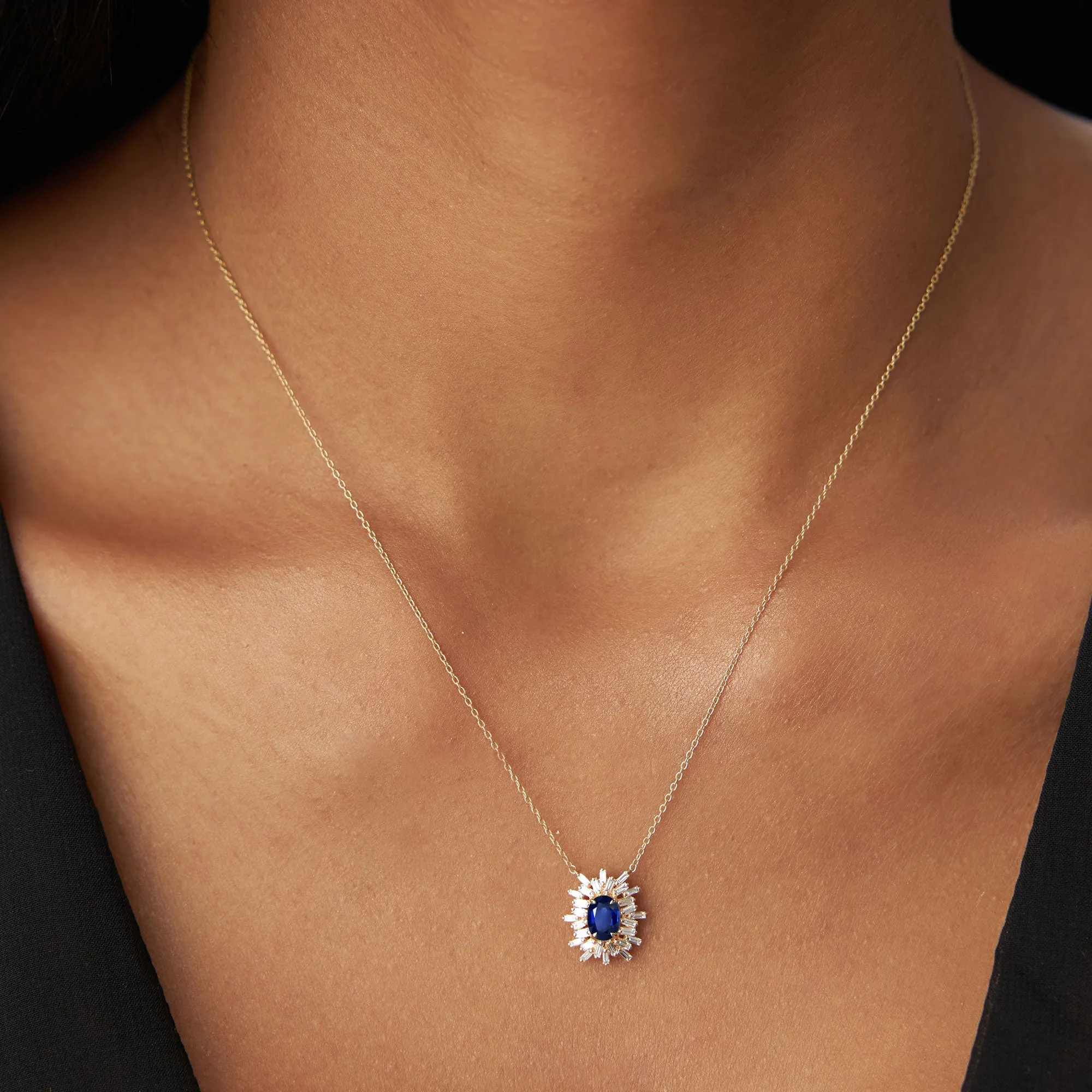 14k Oval Shape Sapphire Necklace with Ballerina Baguettes