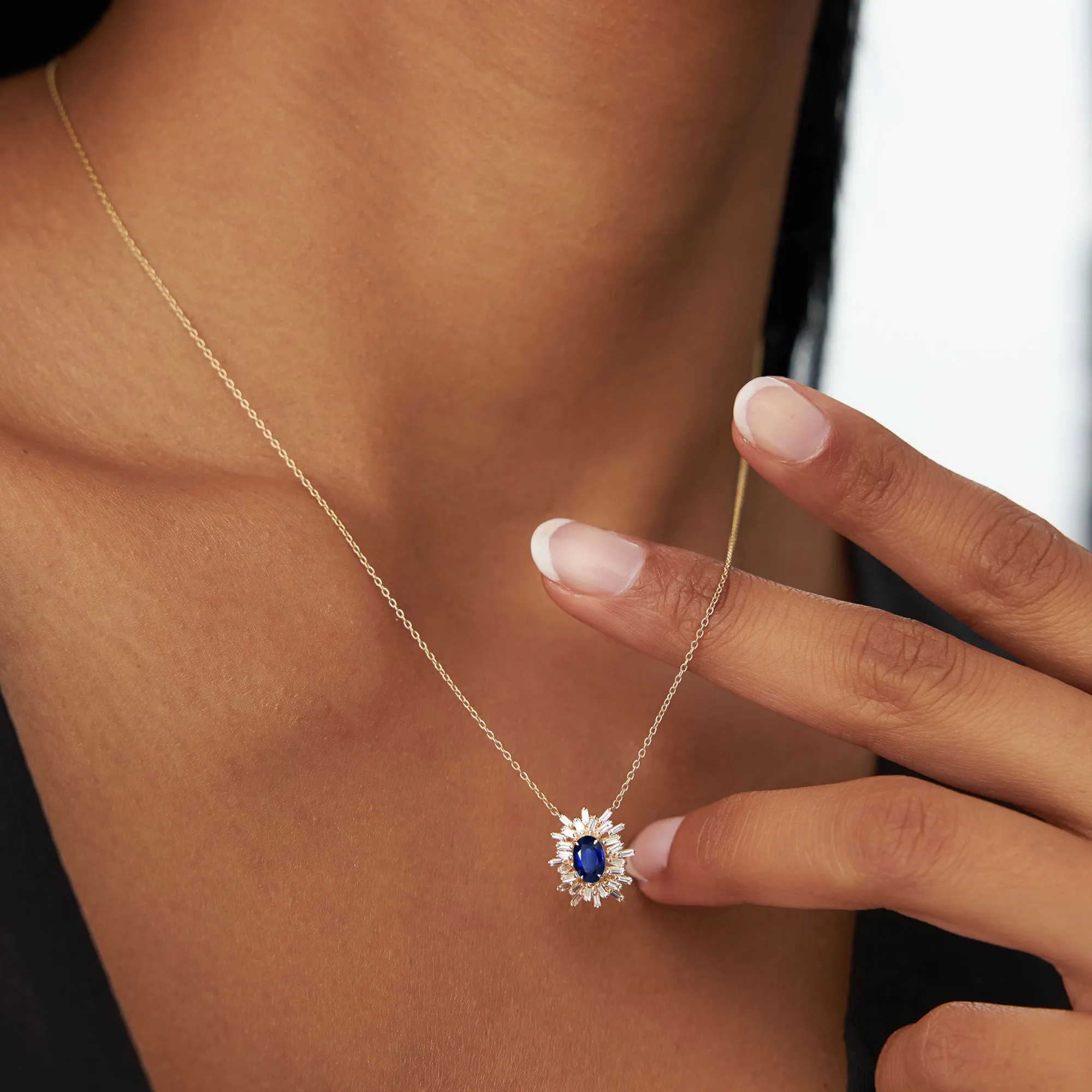 14k Oval Shape Sapphire Necklace with Ballerina Baguettes