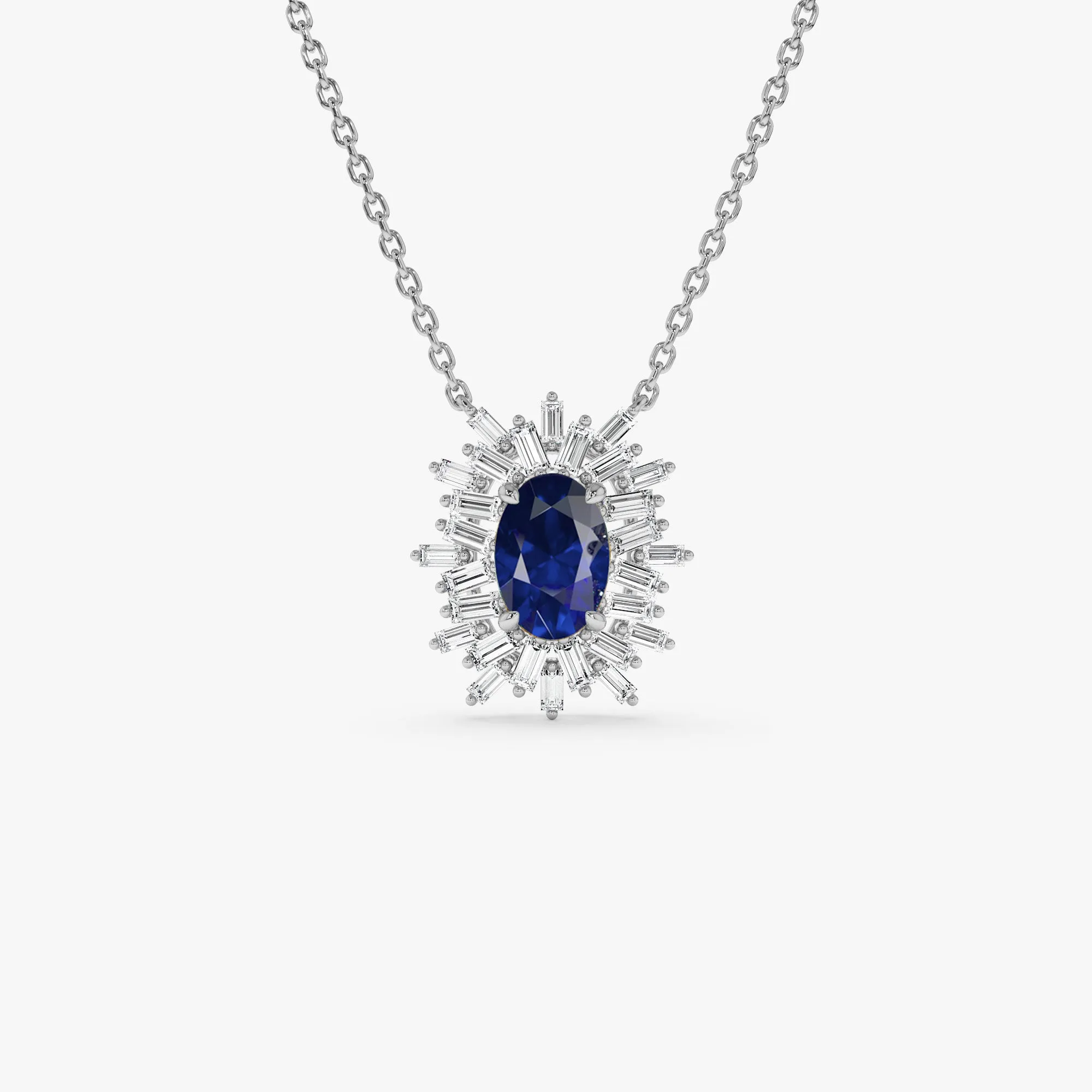 14k Oval Shape Sapphire Necklace with Ballerina Baguettes