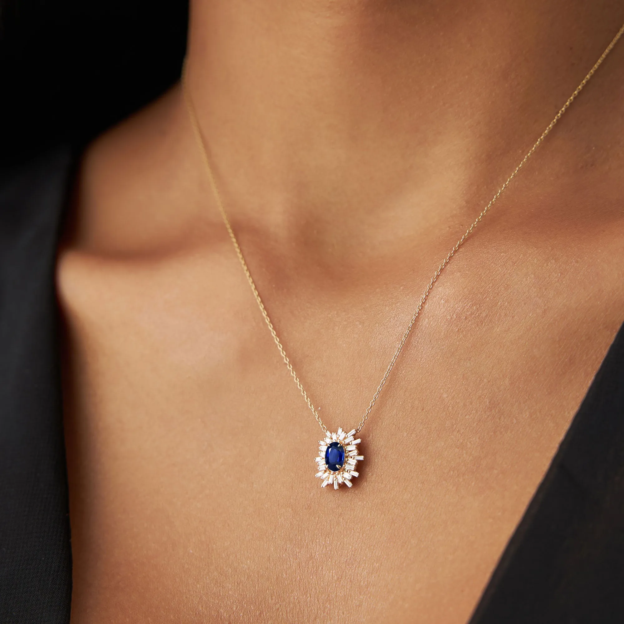 14k Oval Shape Sapphire Necklace with Ballerina Baguettes