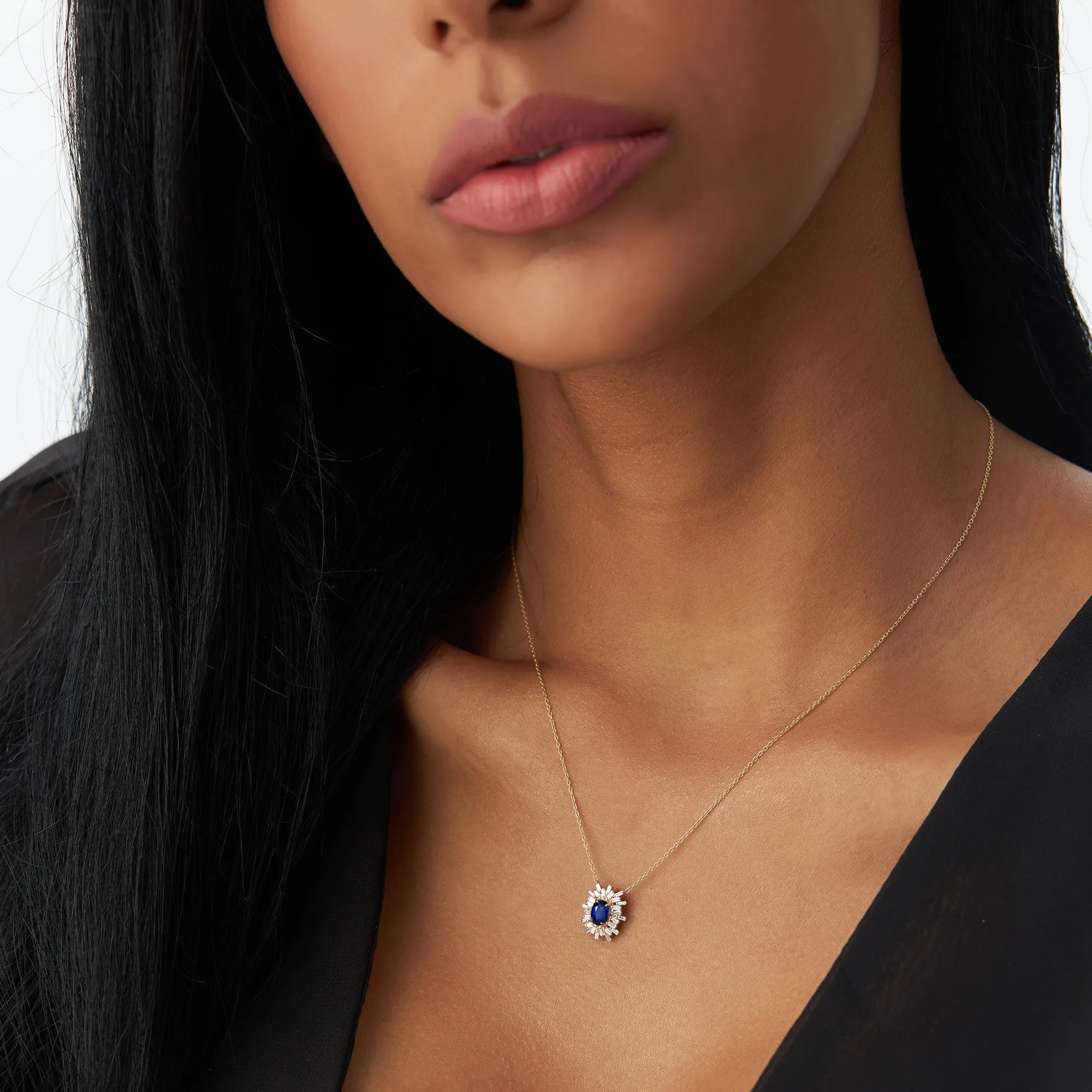 14k Oval Shape Sapphire Necklace with Ballerina Baguettes