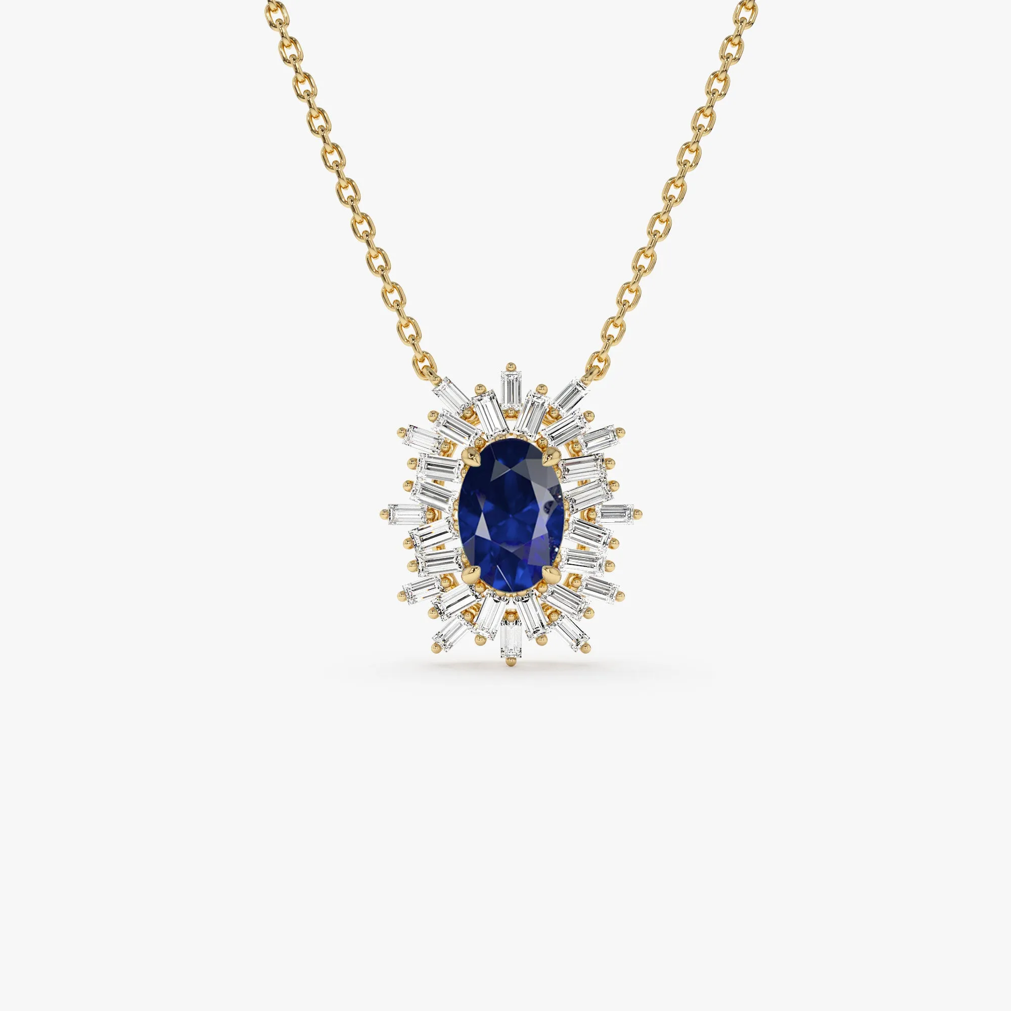 14k Oval Shape Sapphire Necklace with Ballerina Baguettes