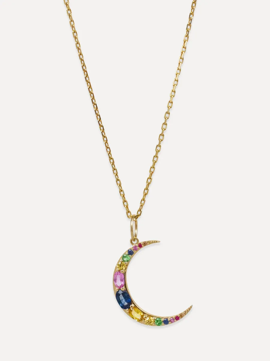 14K Rainbow Sapphire Moon Charm