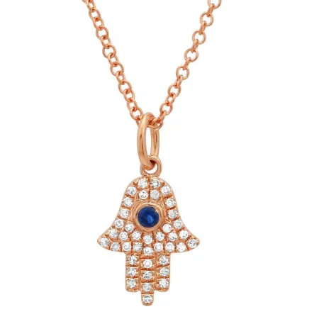 14K Rose Gold Diamond   Sapphire Hamsa/evil eye Necklace