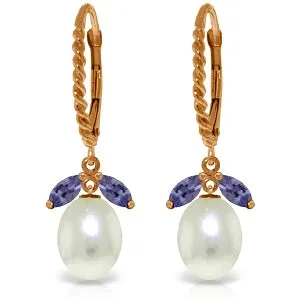 14K Solid Rose Gold Leverback Earrings Tanzanites & Pearl