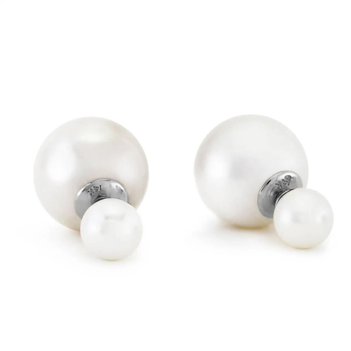 14K Solid White Gold Fashion Style Tribal Double White Shell Pearls Stud Earrings