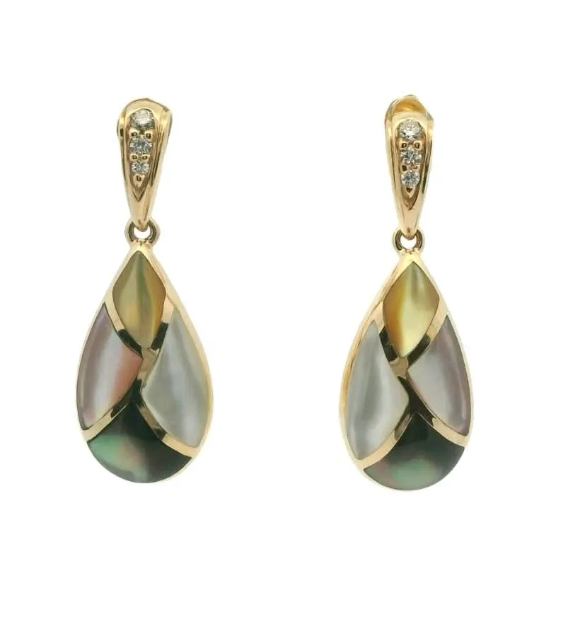 14K Yellow Muti-Colored Mother of Pearl and Natural Diamond Dangle Earrings