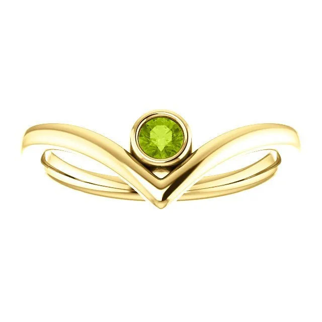 14KT GOLD 0.13 CT ROUND PERIDOT BEZEL-SET "V" RING