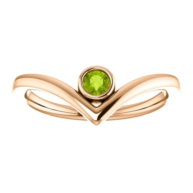 14KT GOLD 0.13 CT ROUND PERIDOT BEZEL-SET "V" RING