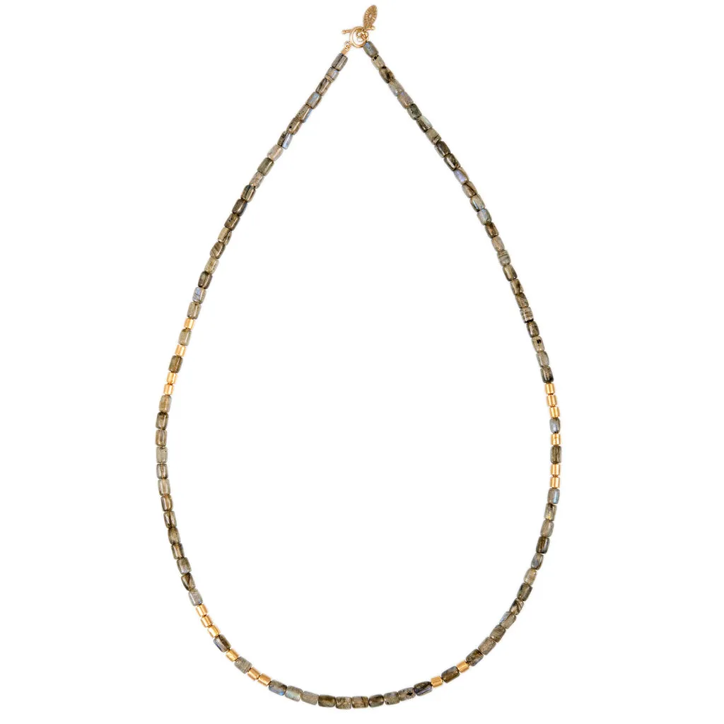 18 GOLD BEADS   LABRADORITE TUBE BEADED NECKLACE