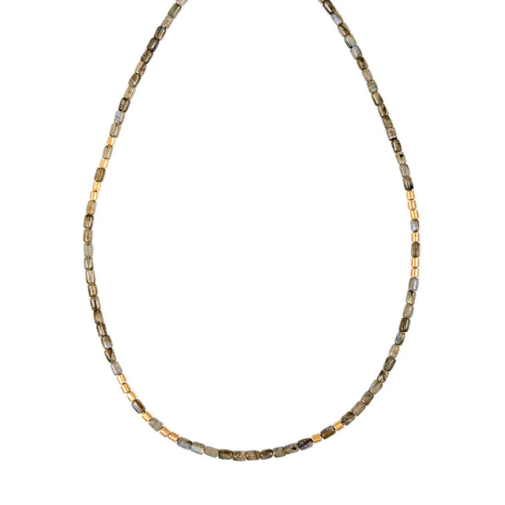 18 GOLD BEADS   LABRADORITE TUBE BEADED NECKLACE