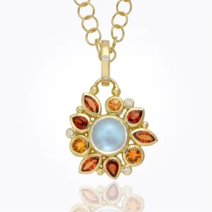 18K Anima Pendant with rainbow moonstone, orange sapphire, red sapphire and diamond