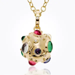 18K Cosmos Pendant with royal blue moonstone, tsavorite, tanzanite, pink tourmaline and diamond