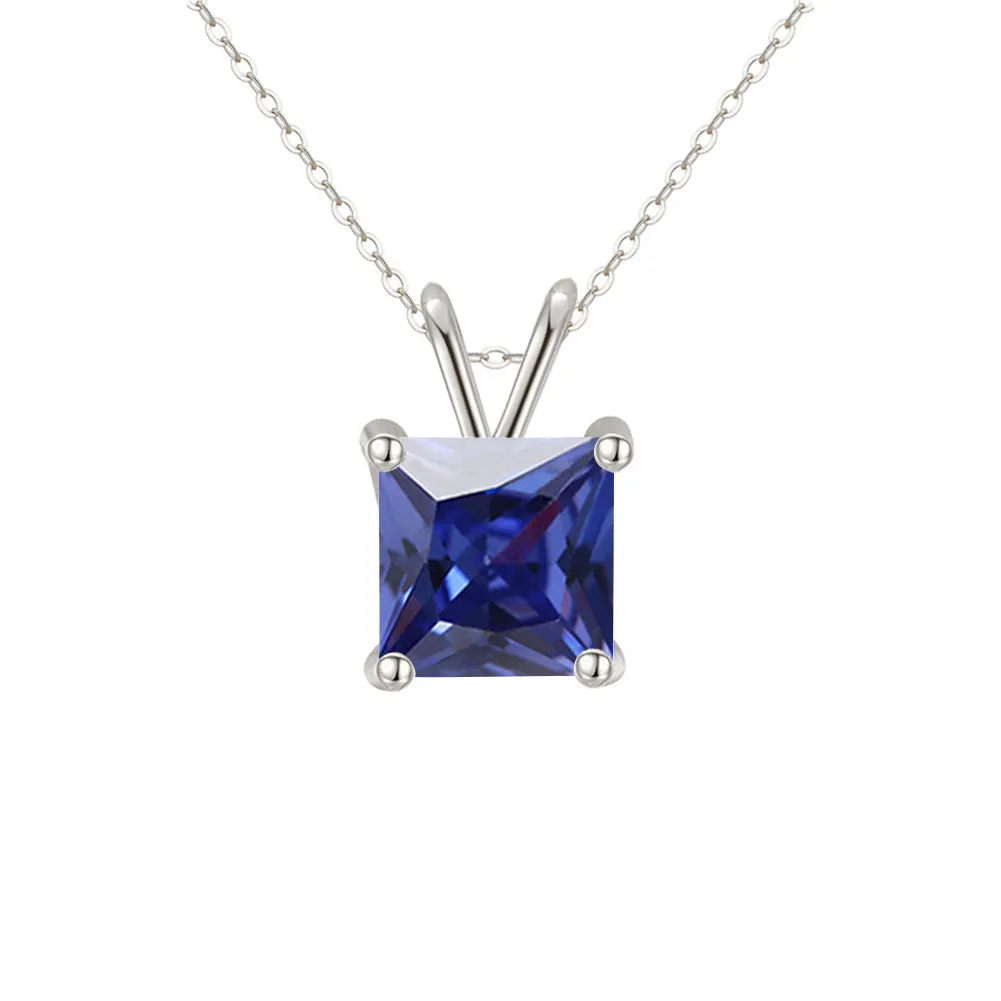 18K White Gold 1/2 Carat Created Blue Sapphire Princess Stud Necklace Plated 18 inch