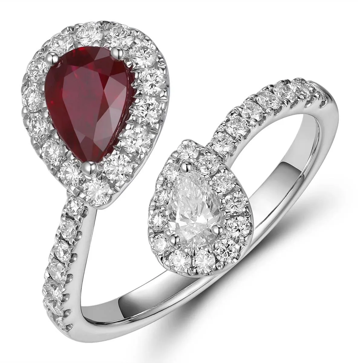 18K White Gold Pear Cut Ruby and Diamond Bypass Ring