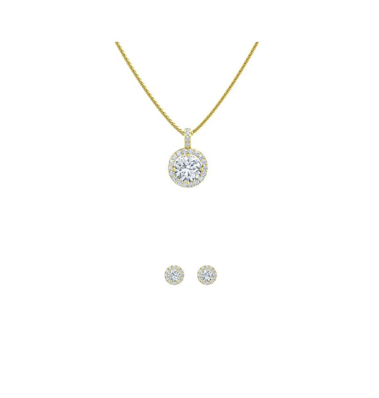 18K Yellow Gold 1/2ct Halo White Sapphire Round 18 Inch Necklace and Halo Earrings Set Plated