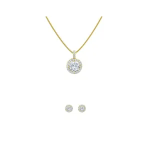 18K Yellow Gold 1/2ct Halo White Sapphire Round 18 Inch Necklace and Halo Earrings Set Plated