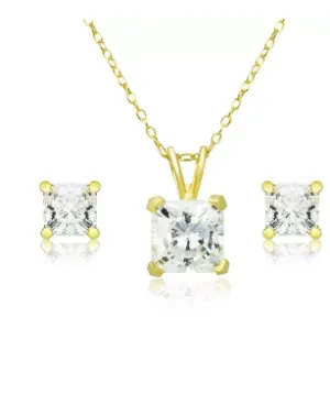 18K Yellow Gold 1/2ct White Sapphire Square 18 Inch Necklace and Earrings Set Plated