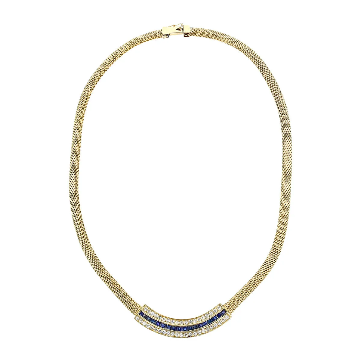 18K Yellow Gold Sapphire and Diamond Mesh Chain Necklace