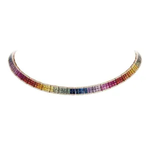 27.47ct Diamond Multi Color Sapphire 18K Gold Link Choker Necklace