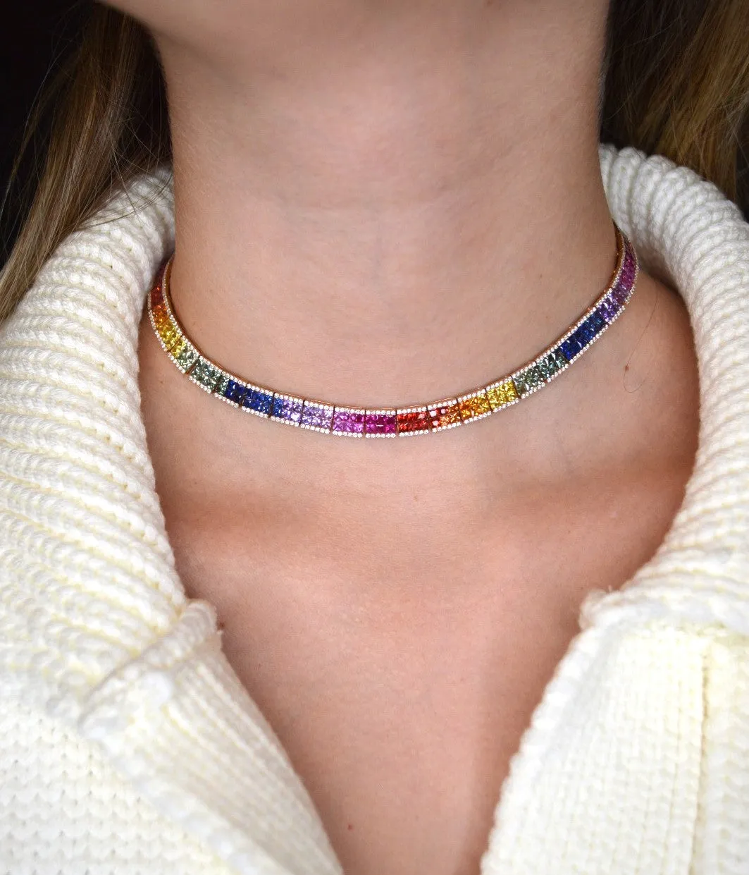 27.47ct Diamond Multi Color Sapphire 18K Gold Link Choker Necklace