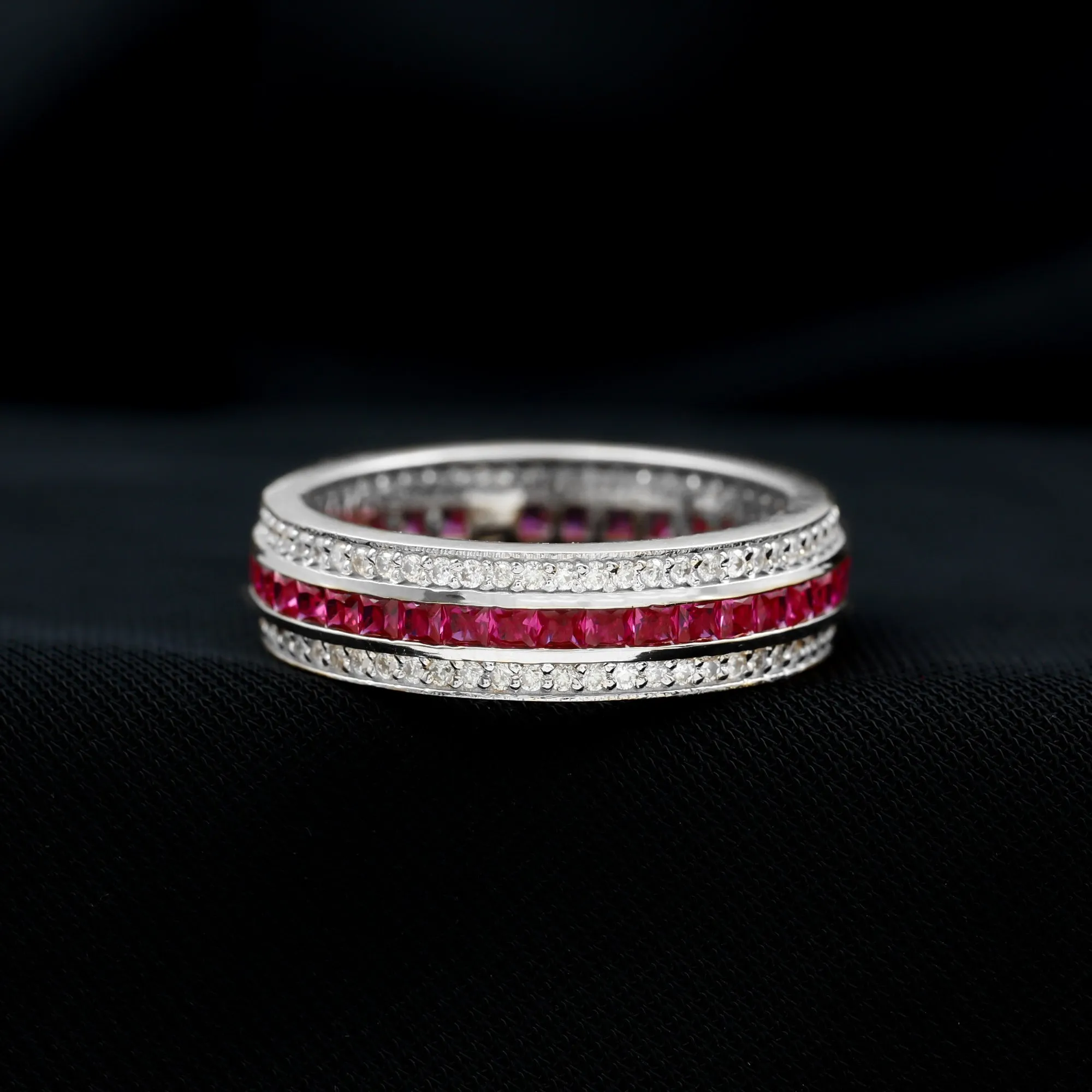 3 CT Princess Cut Lab Created Ruby and Moissanite Wedding Band