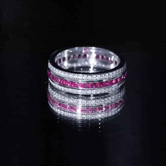 3 CT Princess Cut Lab Created Ruby and Moissanite Wedding Band