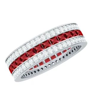 3 CT Princess Cut Lab Created Ruby and Moissanite Wedding Band