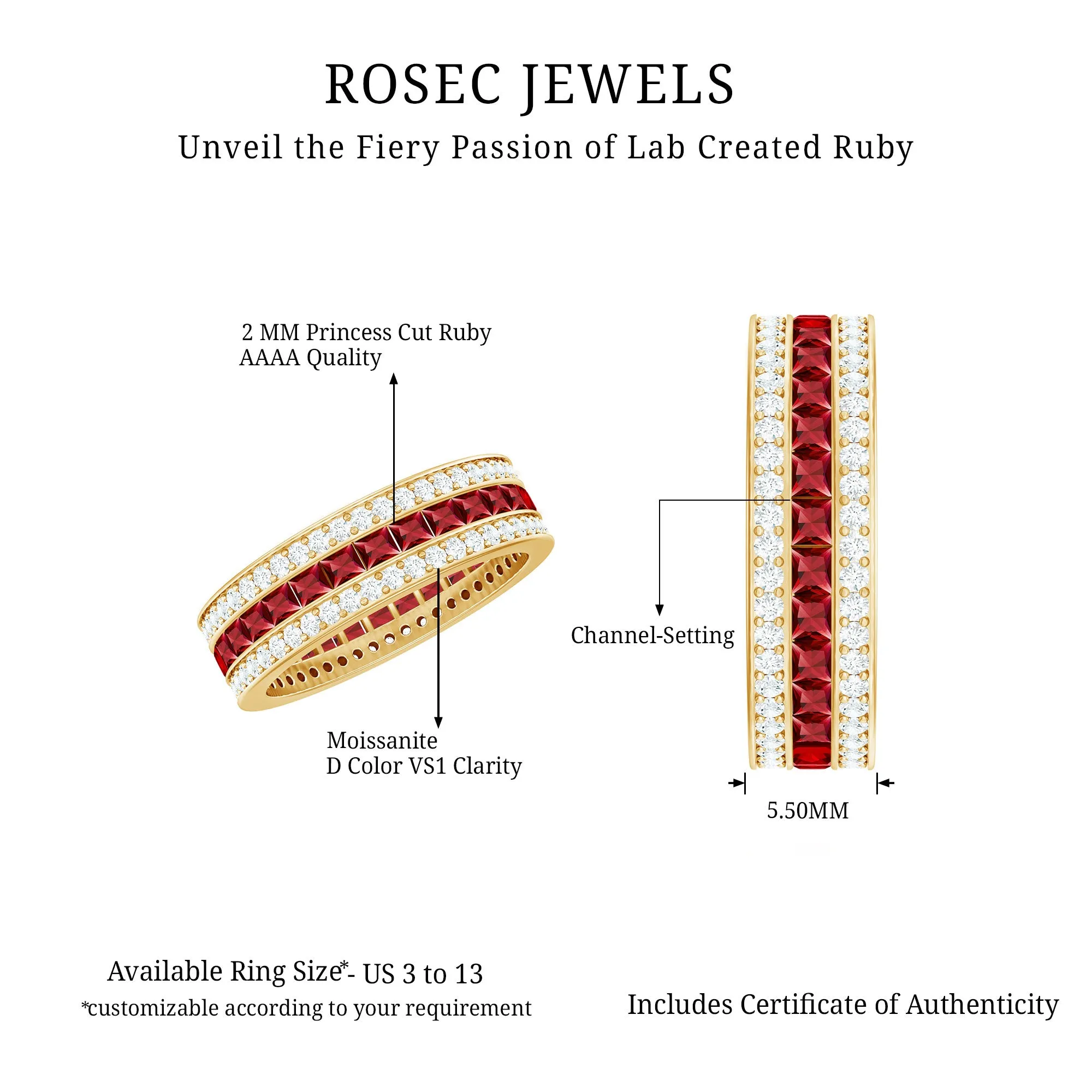 3 CT Princess Cut Lab Created Ruby and Moissanite Wedding Band