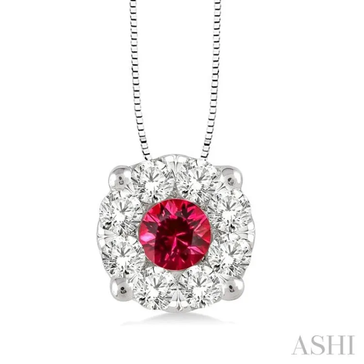 3.8 mm Round Cut Ruby and 1/3 Ctw Lovebright Precious Pendant in 14K White Gold with Chain