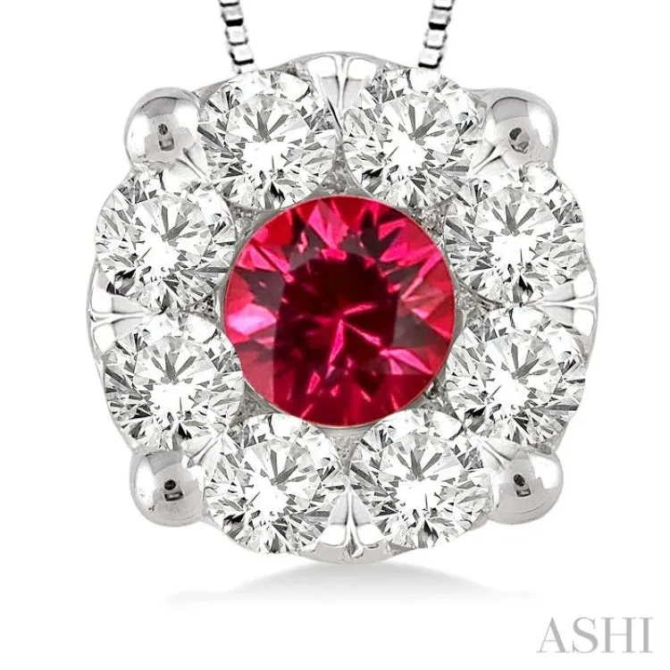 3.8 mm Round Cut Ruby and 1/3 Ctw Lovebright Precious Pendant in 14K White Gold with Chain