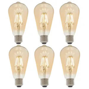 6 X E27 LED Filament Amber Pear Shaped Dimmable 6w Light Bulb