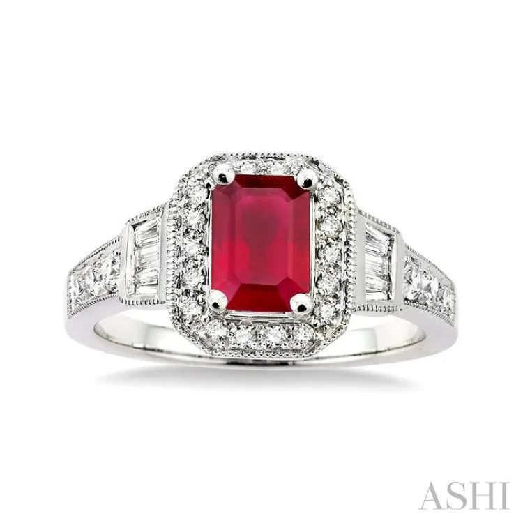 6x4 MM Octagon Cut Ruby and 1/4 Ctw Round and Baguette Cut Diamond Ring in 14K White Gold