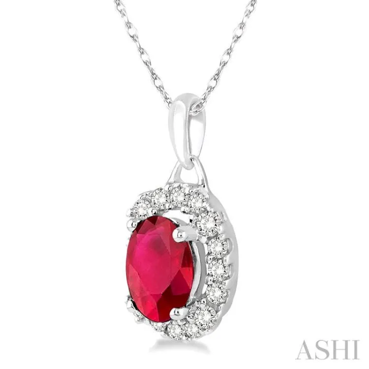 6x4 MM Oval Cut Ruby and 1/6 Ctw Round Cut Diamond Precious Pendant in 14K White Gold with Chain