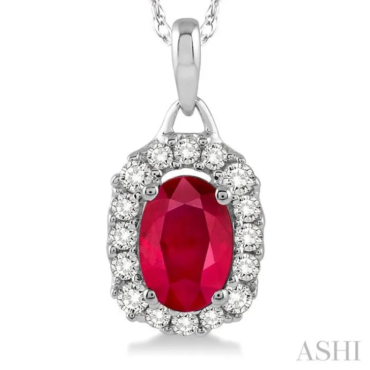 6x4 MM Oval Cut Ruby and 1/6 Ctw Round Cut Diamond Precious Pendant in 14K White Gold with Chain