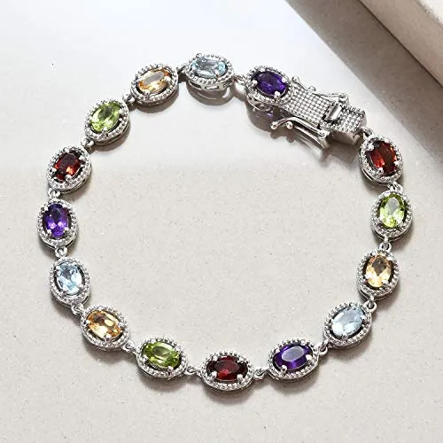 925 Sterling Silver Gemstone Link Tennis Bracelet Platinum Plated Oval Peridot Amethyst Topaz Citrine Garnet 7.25" Ct 6.8