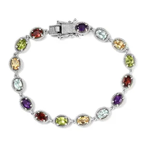 925 Sterling Silver Gemstone Link Tennis Bracelet Platinum Plated Oval Peridot Amethyst Topaz Citrine Garnet 7.25" Ct 6.8