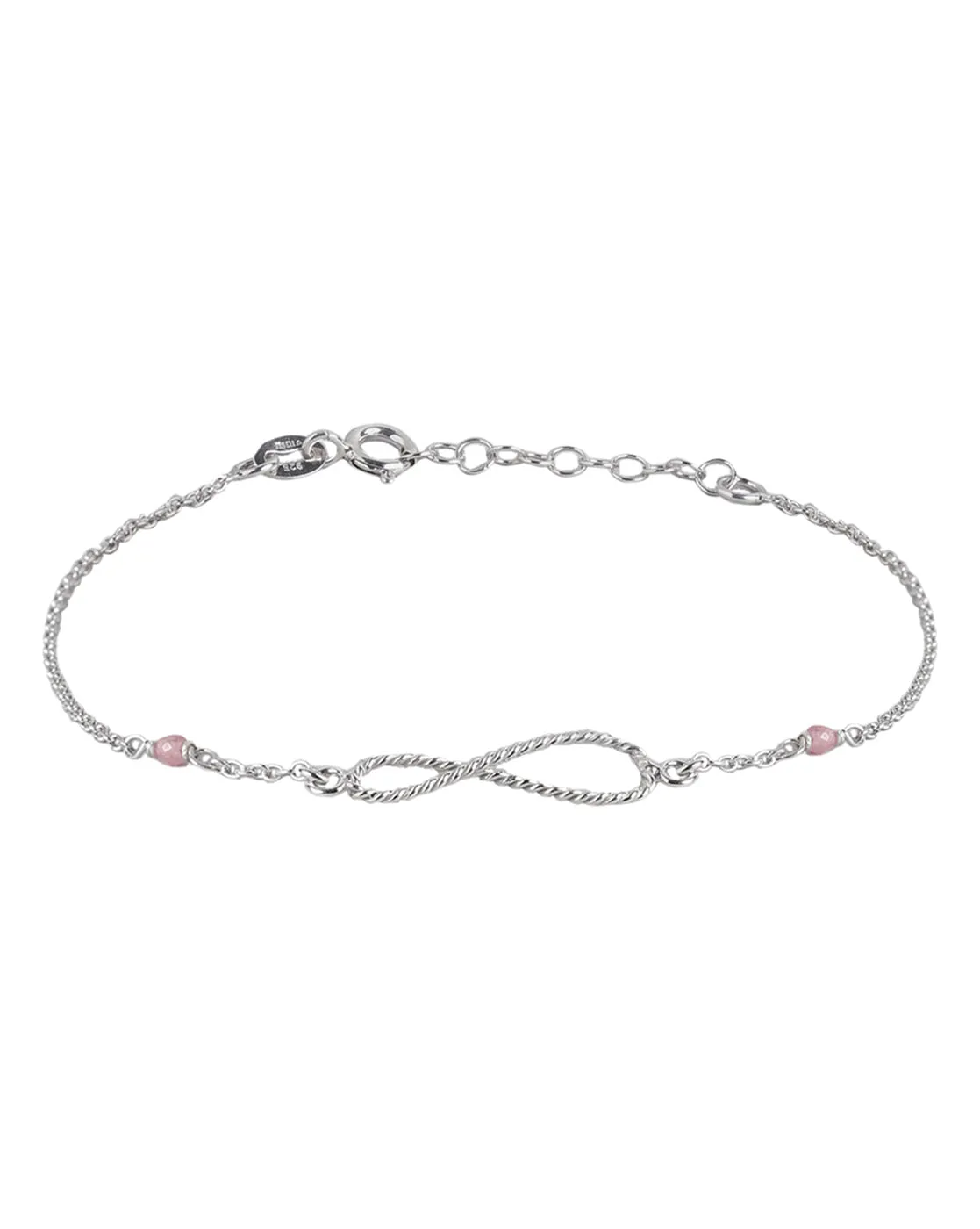 925 Sterling Silver Rhodium Plated Infinity With Natural Pink Tourmaline Adjustable Charm Bracelet