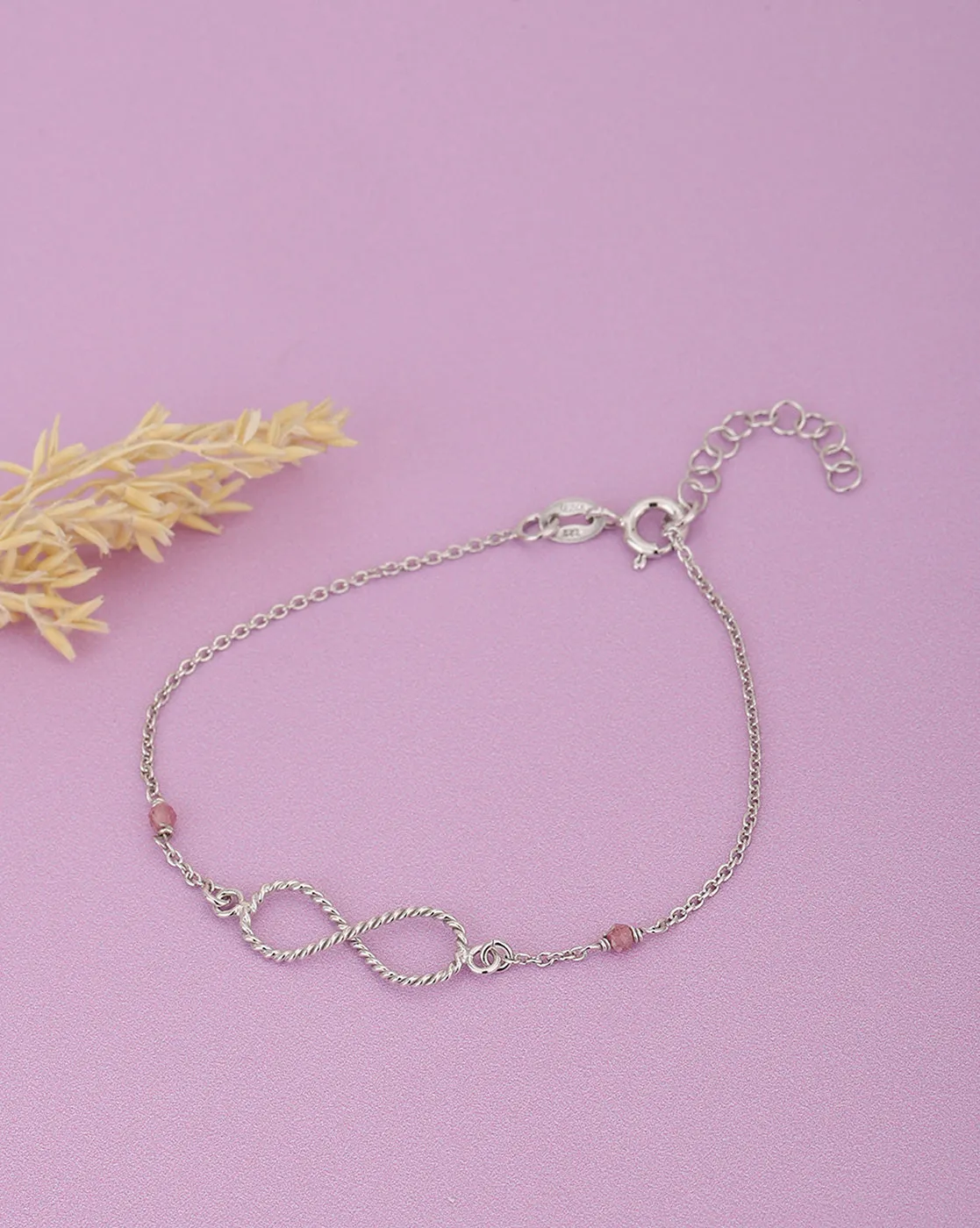 925 Sterling Silver Rhodium Plated Infinity With Natural Pink Tourmaline Adjustable Charm Bracelet