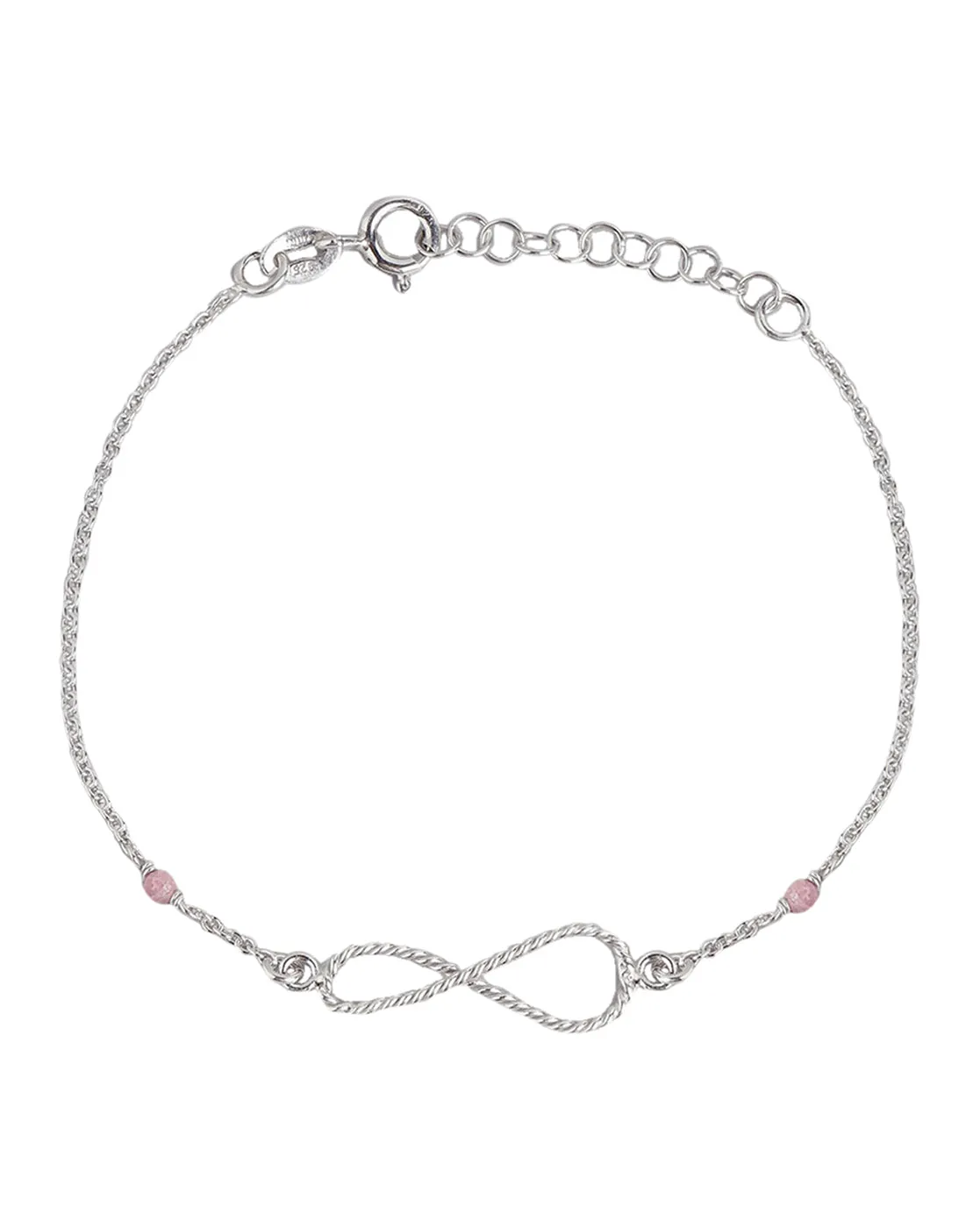 925 Sterling Silver Rhodium Plated Infinity With Natural Pink Tourmaline Adjustable Charm Bracelet