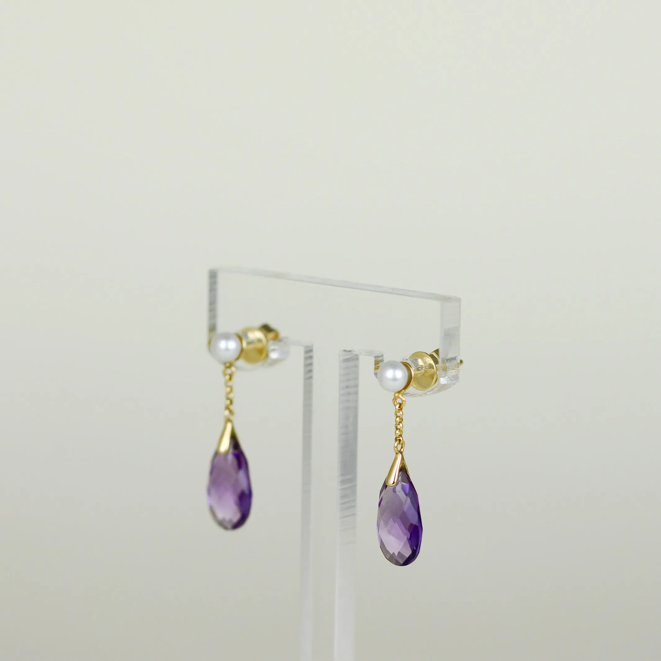 9ct Yellow Gold 3.22ct Oval Briolette Amethyst and Pearl Drop Earrings