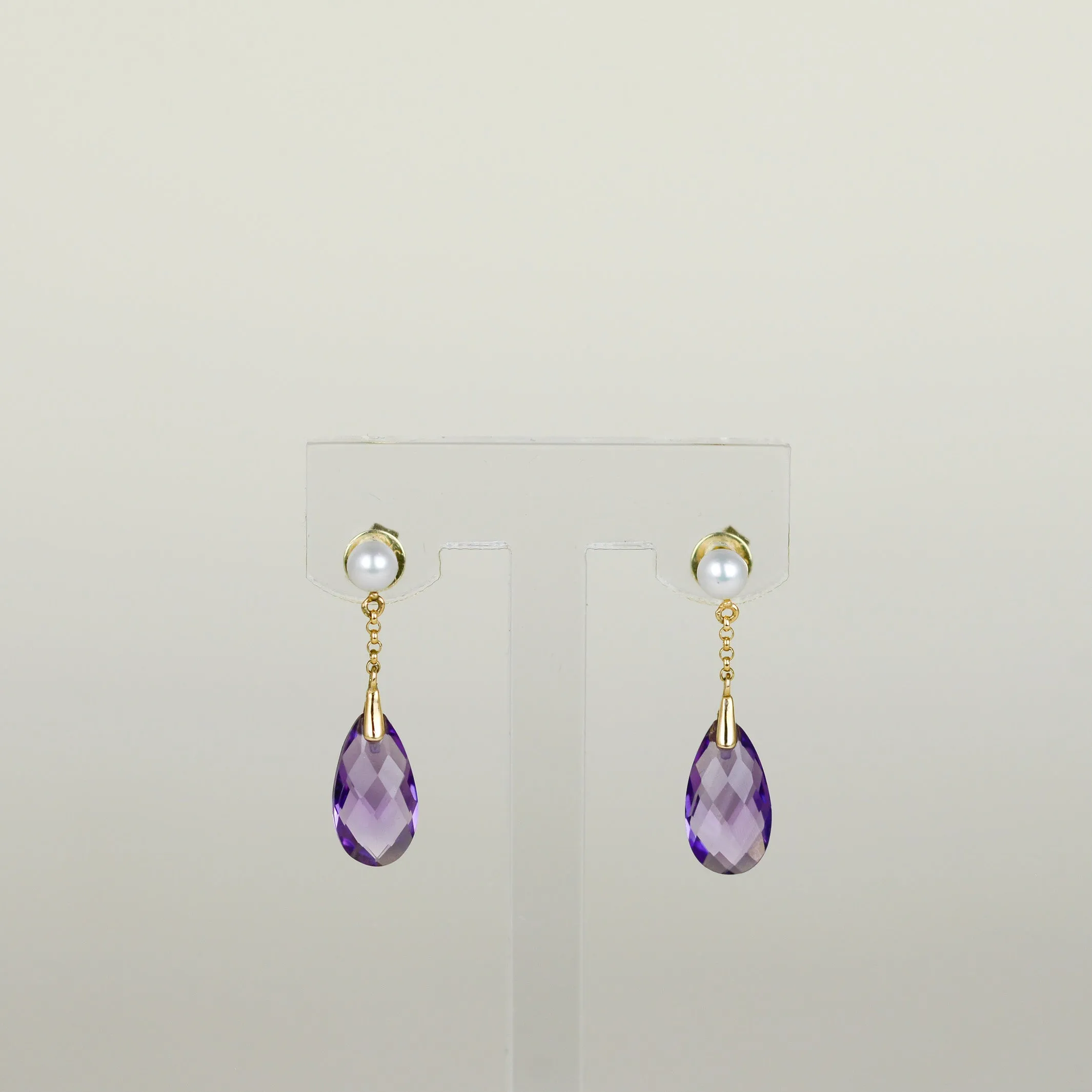 9ct Yellow Gold 3.22ct Oval Briolette Amethyst and Pearl Drop Earrings