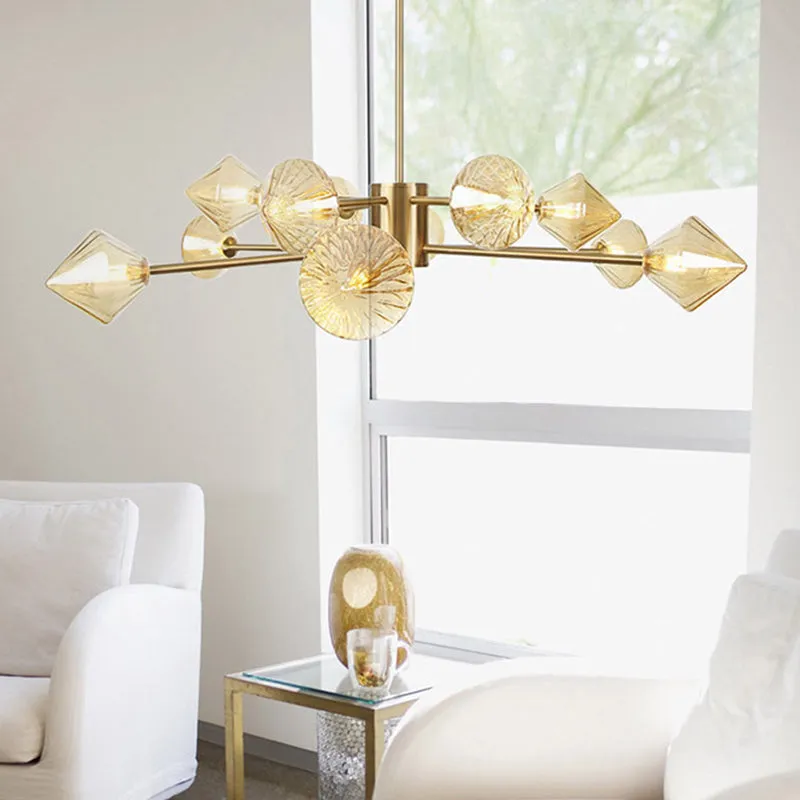 Amber Glass Modern Diamond Chandelier Light - Bedroom Lighting Fixture (12 Heads)